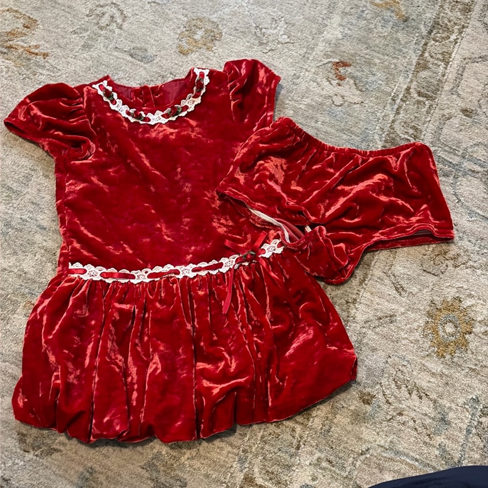 Starting Out red crushed velvet dress with bloomers 18m